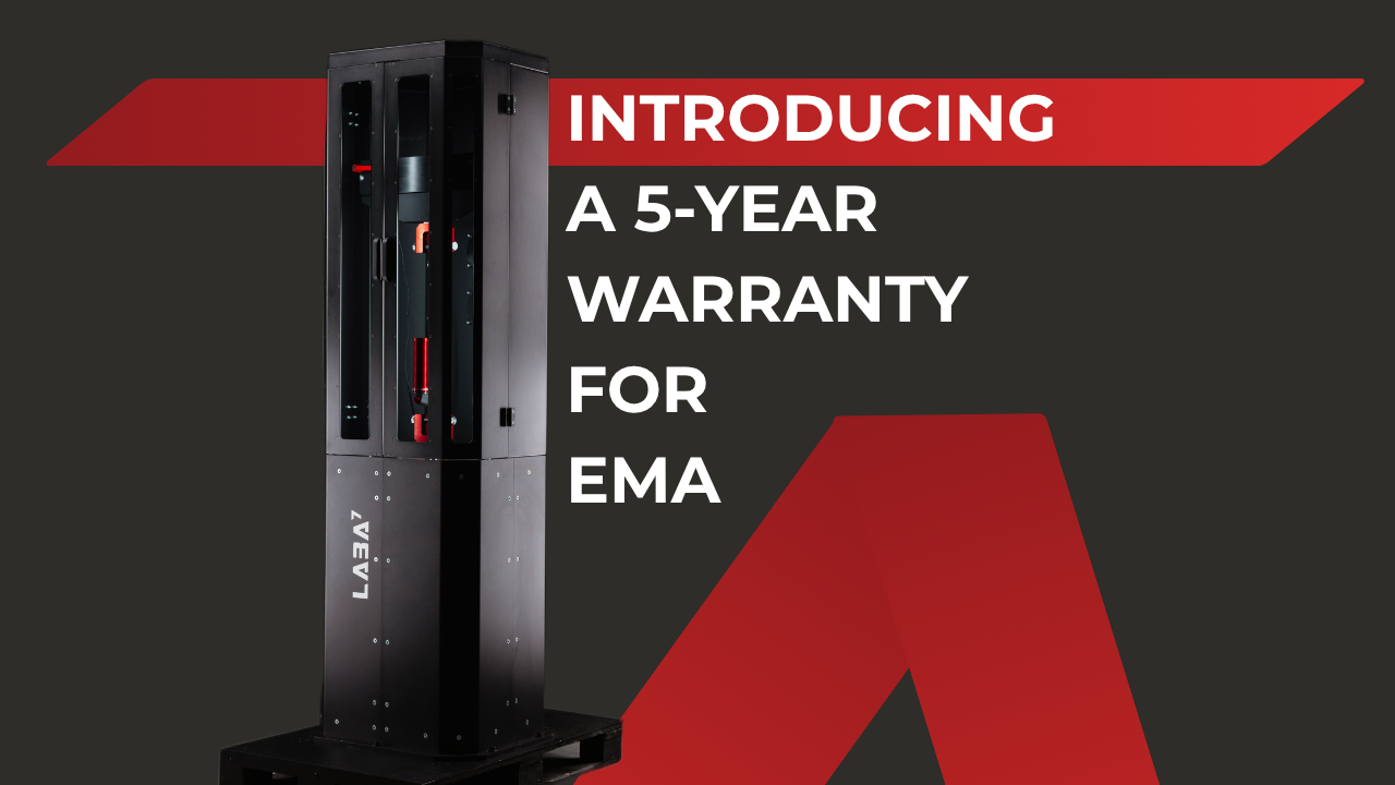 laba7 electromagnetic damper test system in front of a grey background with red graphics and the text introducing a 5-year warranty for EMA